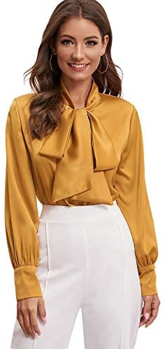 Women's Long Sleeve Tie Neck Shirt Satin Solid Pullover Work Blouse Top