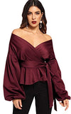 Women's Long Sleeve V Neck Ruffle Blouse Off Shoulder Tie Waist Wrap Tops