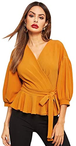 Women's Lantern 3/4 Sleeve V Neck Ruffle Blouse Tie Waist Wrap Peplum Top