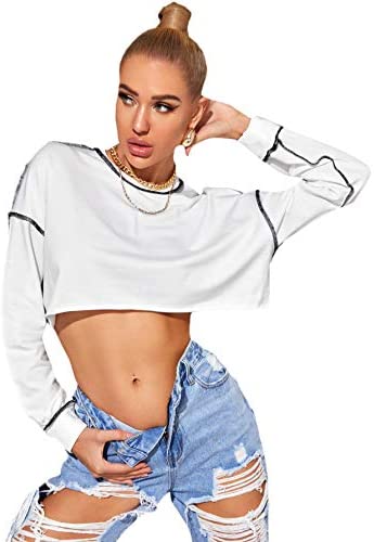 Women's Loose Contrast Stitch Long Sleeve Drop Shoulder Crop Pullover Sweatshirt