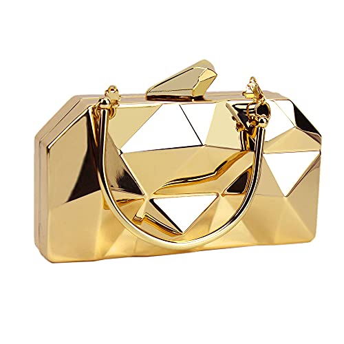 Women Lattice Pattern Metal Handbag Chain Geometric Evening Clutch Purse, Gold