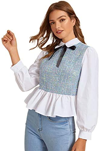 Women's Bow Tie Neck Tweed Insert Shirt Long Sleeve Blouse Keyhole Back Peplum Tops