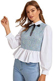 Women's Bow Tie Neck Tweed Insert Shirt Long Sleeve Blouse Keyhole Back Peplum Tops