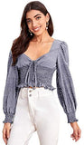 Women's Long Bishop Sleeve Polka-dot Crop Top Blouse Shirred Tie Front Sweetheart Neck Shirt
