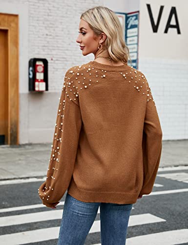 Women's Chunky Sweater Crewneck Sweatshirt Knit Lantern Sleeve Oversized Pullover Sweater with Pearls (Large, Grey)