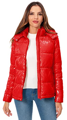 Women's Winter Hooded Shiny Puffer Jacket Casual Warm Quilted Full Zip Short Bubble Padded Coat (as1, alpha, s, regular, regular, Dark Gold, Small)