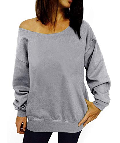 Women Off Shoulder Sweatshirt Slouchy Shirt Long Sleeve Pullover Tops Blue