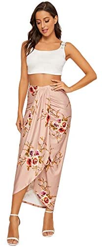 Women's Floral Slit Wrap Asymmetrical Elastic High Waist Maxi Draped Skirt