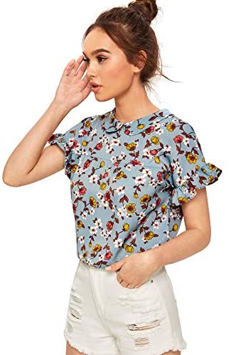 Women's Peter Pan Collar Floral Blouse Short Ruffle Sleeve Babydoll Shirt Top
