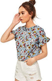 Women's Peter Pan Collar Floral Blouse Short Ruffle Sleeve Babydoll Shirt Top