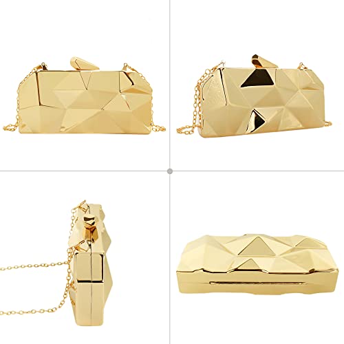 Women Lattice Pattern Metal Handbag Chain Geometric Evening Clutch Purse, Gold