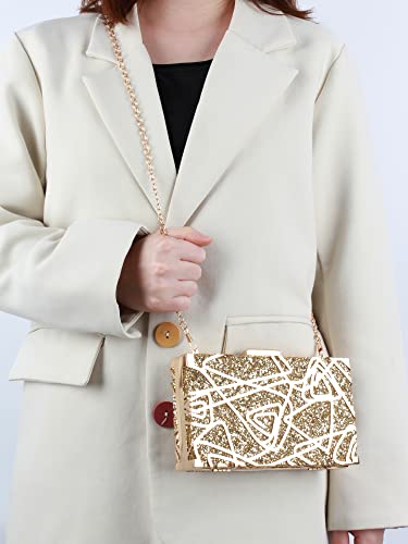 Women Lattice Pattern Metal Handbag Chain Geometric Evening Clutch Purse, Gold