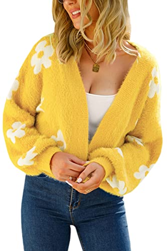 Women's Cardigan Sweaters - Floral Knit Open Front Crop Cardigans Long Sleeve Sweater Outwear Tops Orange L