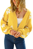 Women's Cardigan Sweaters - Floral Knit Open Front Crop Cardigans Long Sleeve Sweater Outwear Tops Orange L
