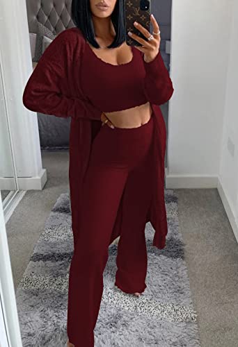 Womens Fuzzy Fleece 3 Piece Pajama Set Tank Crop Tops Pants Open Front Cardigan Lounge Outfit Light Blue S