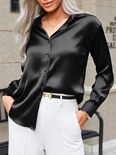 Black Silk Button Up Shirt Women Satin Blouse Casual V-Neck Long Sleeve Business Office Blouses Tops Black S