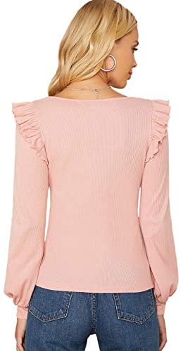 Women's Long Sleeve Scoop Neck Ruffle Trim Top Blouse Lantern Sleeve Solid Tee