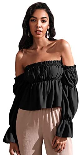 Women's Sexy Striped Off Shoulder Long Sleeve Shirt Ruffle Trim Blouses Top