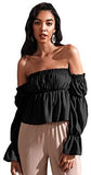 Women's Sexy Striped Off Shoulder Long Sleeve Shirt Ruffle Trim Blouses Top