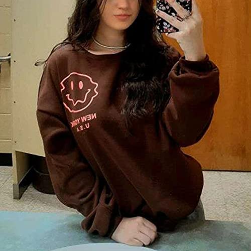 Women Oversized Fleece New York Letter Print Graphic Sweatshirt Long Sleeve Crewneck Pullover Jacket