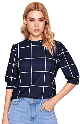 Women's Puff Sleeve Plaid Work Blouse High Neck Office Top