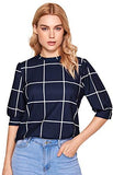 Women's Puff Sleeve Plaid Work Blouse High Neck Office Top
