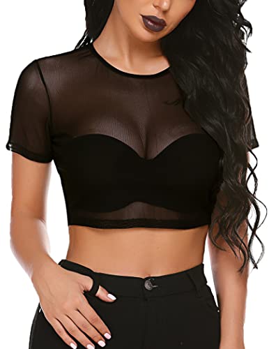 Lingerie for Women Naughty Sheer Mesh See-Through Short Sleeve Crop Tops  Casual T Shirt 