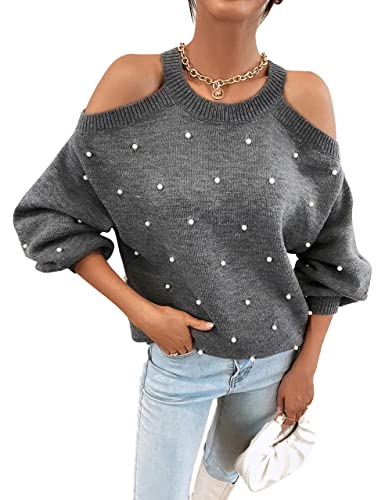 Women's Chunky Sweater Crewneck Sweatshirt Knit Lantern Sleeve Oversized Pullover Sweater with Pearls (Large, Grey)