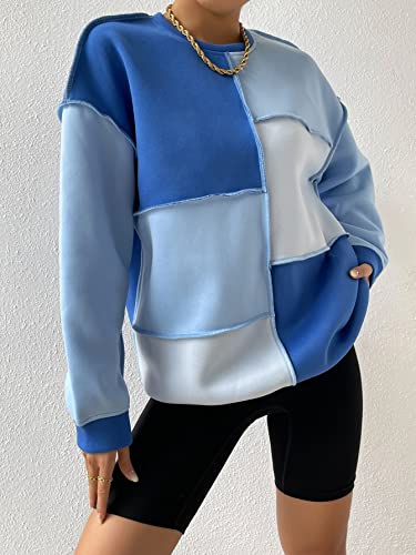 Women's Color Block Crew Neck Oversized Sweatshirt Drop Shoulder Casual Pullover