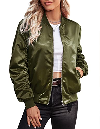 Womens Casual Jackets Long Sleeve Lightweight Fall Satin Bomber Jacket Zip Up Biker Windbreaker Coat with Pockets