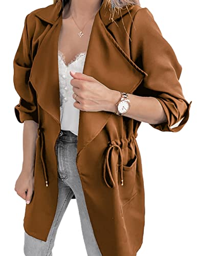 Women's Casual Lightweight Jackets Long Sleeve Drawstring Waist Lapel Trench Coat Outwear with Pockets