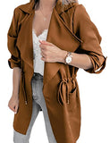 Women's Casual Lightweight Jackets Long Sleeve Drawstring Waist Lapel Trench Coat Outwear with Pockets