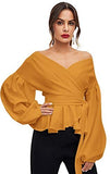 Women's Long Sleeve V Neck Ruffle Blouse Off Shoulder Tie Waist Wrap Tops