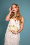 Women Lattice Pattern Metal Handbag Chain Geometric Evening Clutch Purse, Gold