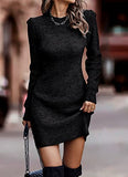 Women Sweater Bodycon Short Dress Long Sleeve Crew Neck Slim Fit Solid Dressy Fall Winter Mini Ribbed Knit Dresses(Solid Dark Coffee, Large)