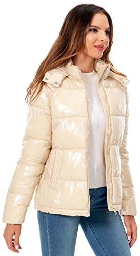 Women's Winter Hooded Shiny Puffer Jacket Casual Warm Quilted Full Zip Short Bubble Padded Coat (as1, alpha, s, regular, regular, Dark Gold, Small)