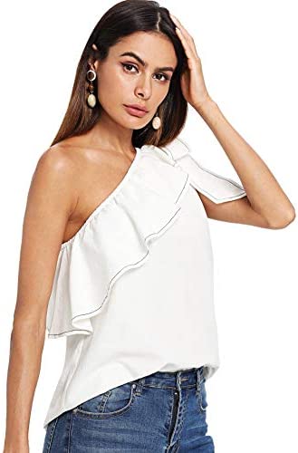Women's Casual Sleeveless Tie Knot One Shoulder Ruffle Blouse Top