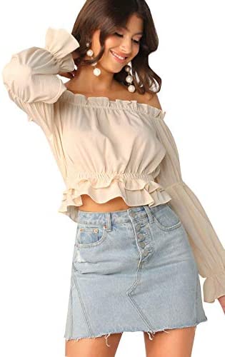 Women's Sexy Striped Off Shoulder Long Sleeve Shirt Ruffle Trim Blouses Top