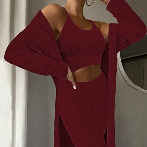 Womens Fuzzy Fleece 3 Piece Pajama Set Tank Crop Tops Pants Open Front Cardigan Lounge Outfit Light Blue S