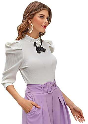 Women's Floral Puff Sleeve Blouse for Work Office Hight Neck Top