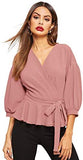 Women's Lantern 3/4 Sleeve V Neck Ruffle Blouse Tie Waist Wrap Peplum Top