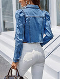 Women's Vintage Frayed Raw Hem Ripped Long Puff Sleeve Crop Denim Jacket (DarkBlue-M)