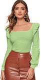 Women's Long Sleeve Scoop Neck Ruffle Trim Top Blouse Lantern Sleeve Solid Tee