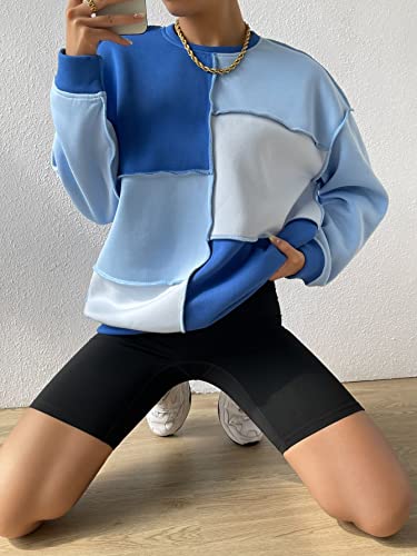 Women's Color Block Crew Neck Oversized Sweatshirt Drop Shoulder Casual Pullover