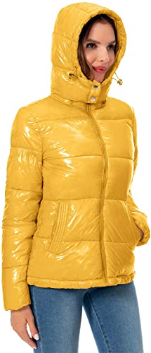 Women's Winter Hooded Shiny Puffer Jacket Casual Warm Quilted Full Zip Short Bubble Padded Coat (as1, alpha, s, regular, regular, Dark Gold, Small)