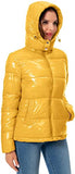 Women's Winter Hooded Shiny Puffer Jacket Casual Warm Quilted Full Zip Short Bubble Padded Coat (as1, alpha, s, regular, regular, Dark Gold, Small)