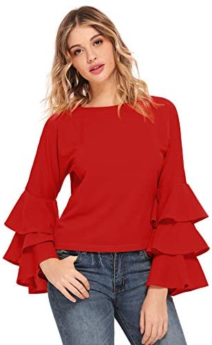 Women's Round Neck Ruffle Long Sleeve Blouse