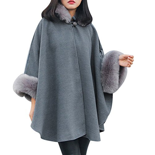 Womens Winter Batwing Long Sleeve Poncho Jacket Elegant Faux Fur Collar Cloak Coat(order 1 size bigger than your Normal Size)