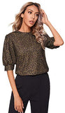 Women's Puff Sleeve Leopard Print Work Blouse Casual Hight Neck Top Leopard