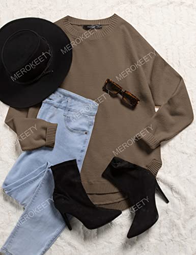 Women's Long Sleeve Oversized Crew Neck Solid Color Knit Pullover Sweater Tops Mocha